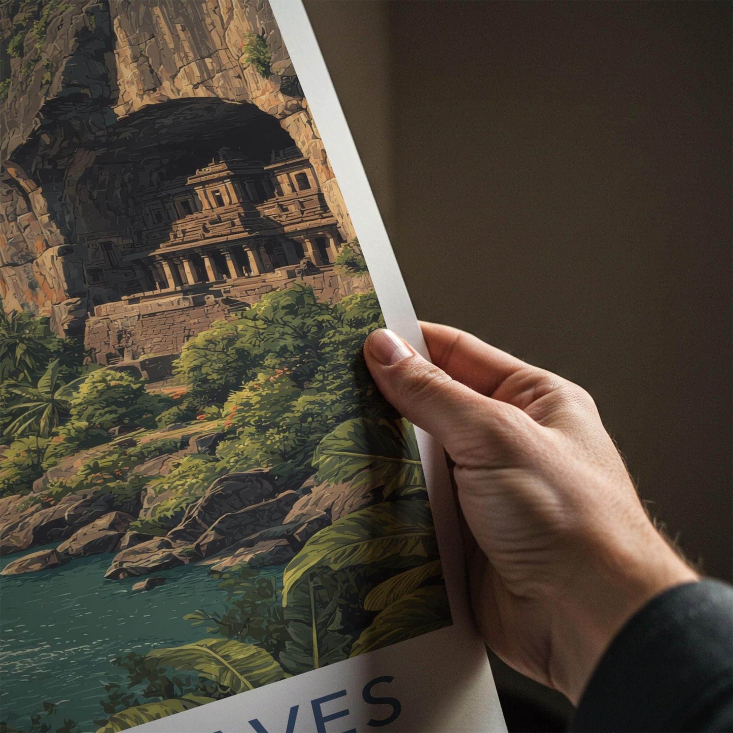 Ajanta Caves Poster - India Travel Art - Maharashtra River Temple Cliffs Wall Decor