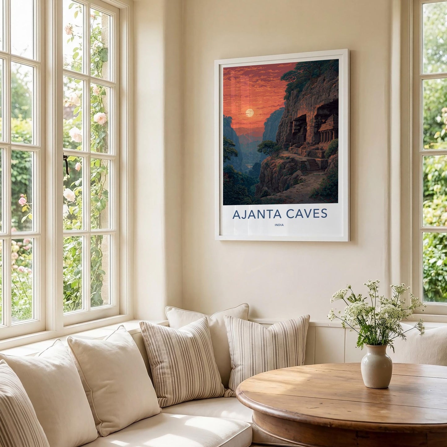 Ajanta Caves Poster - India Travel Illustration - Ancient Caves Sunset Home Decor