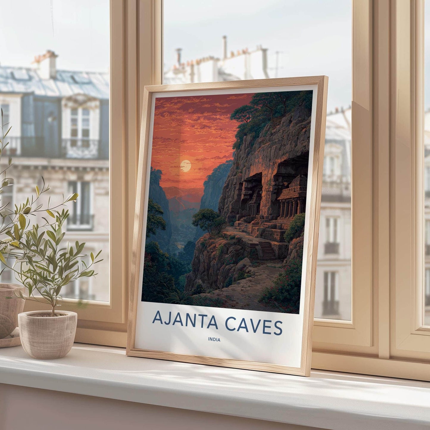 Ajanta Caves Poster - India Travel Illustration - Ancient Caves Sunset Home Decor