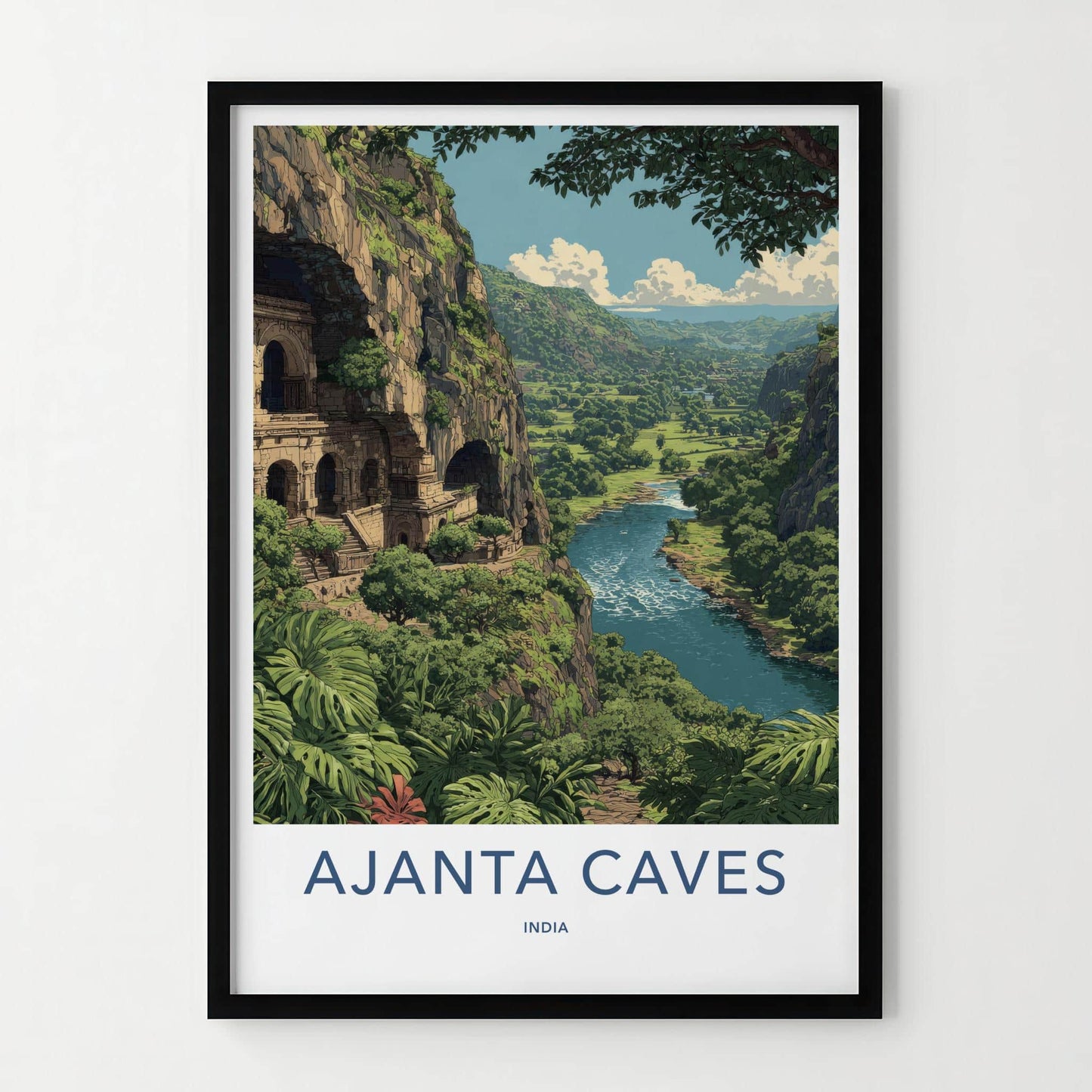 Ajanta Caves Poster - India Travel Illustration - Lush River Valley Home Decor