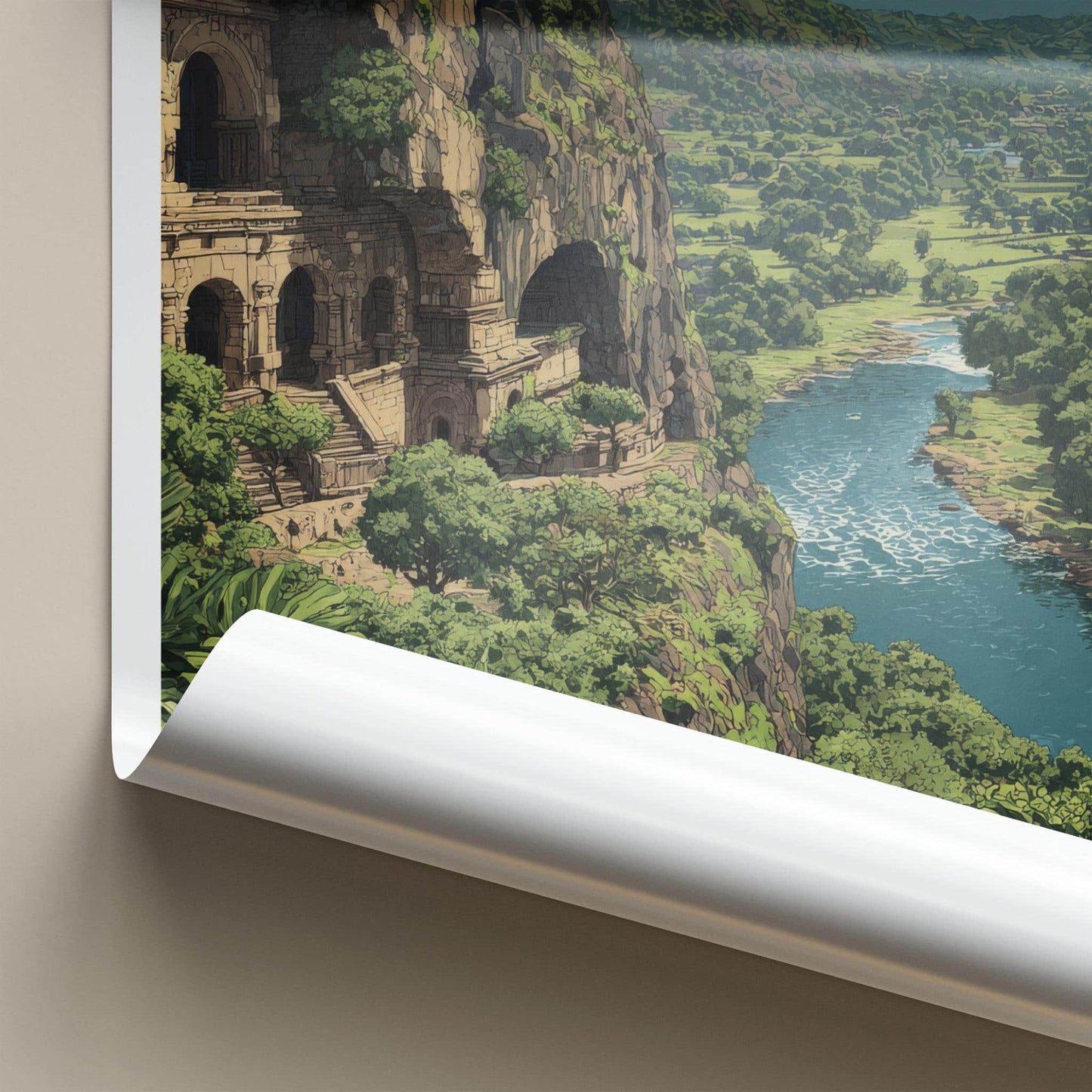 Ajanta Caves Poster - India Travel Illustration - Lush River Valley Home Decor