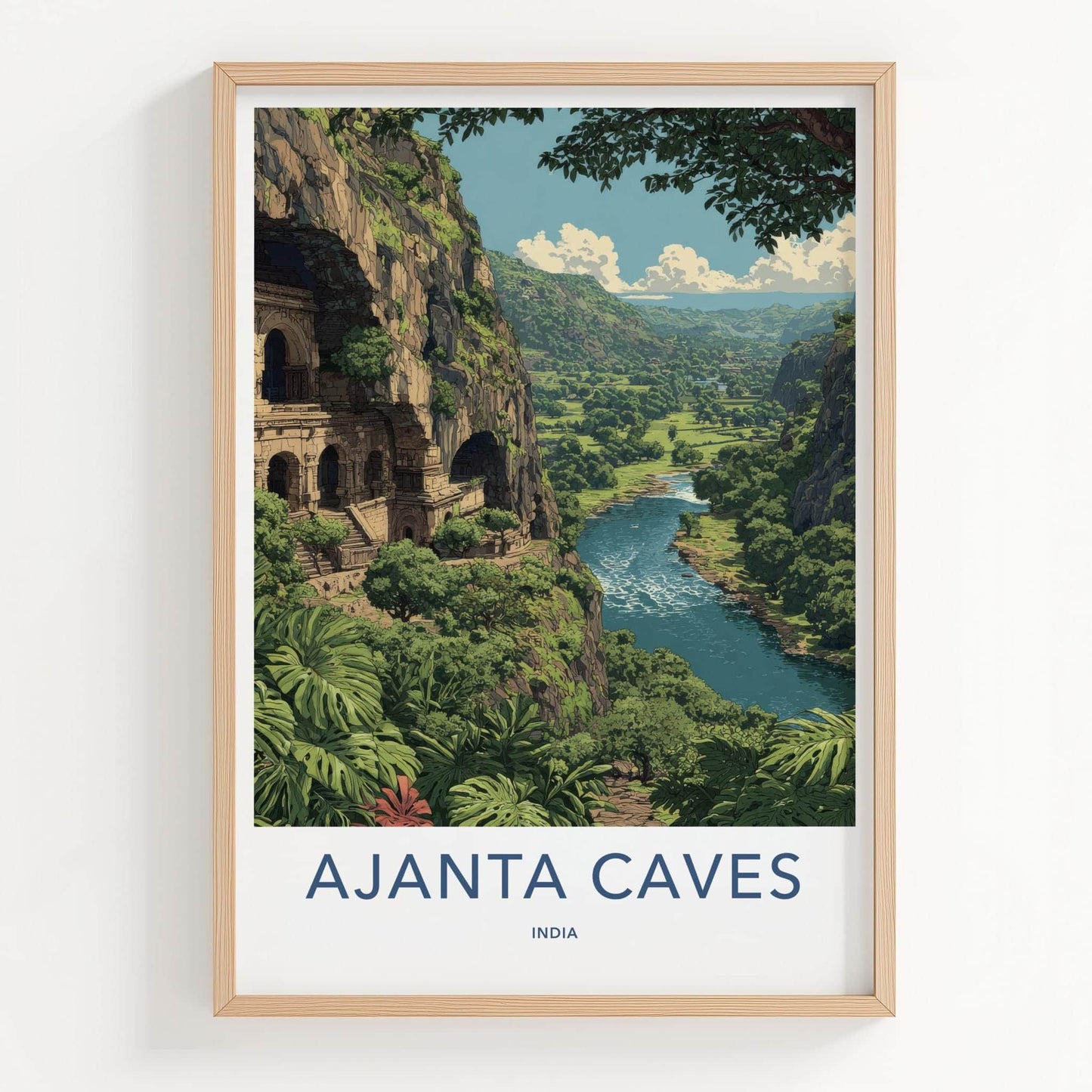 Ajanta Caves Poster - India Travel Illustration - Lush River Valley Home Decor