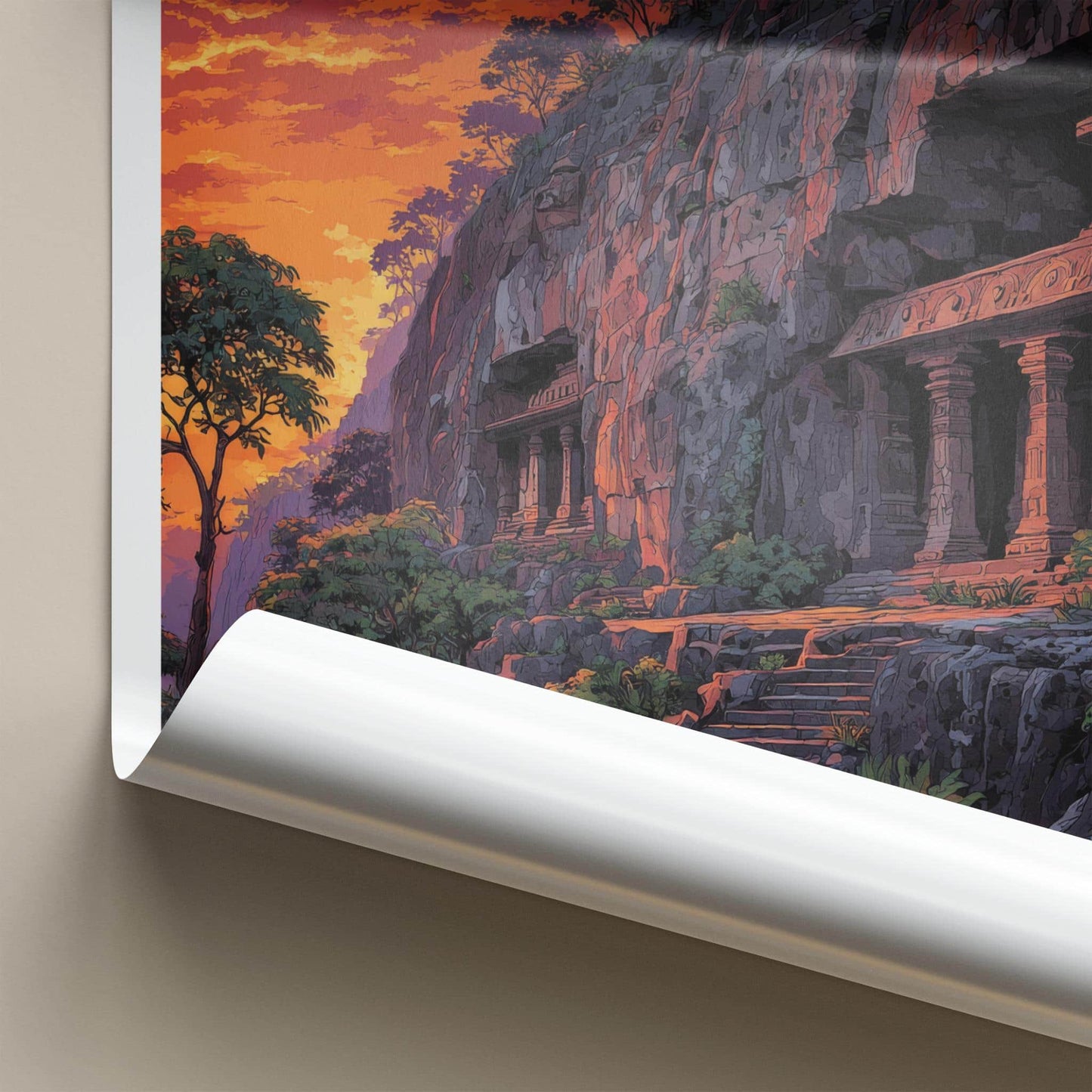Ajanta Caves Poster - Maharashtra Travel Illustration - Dramatic Sunset Temples Home Decor
