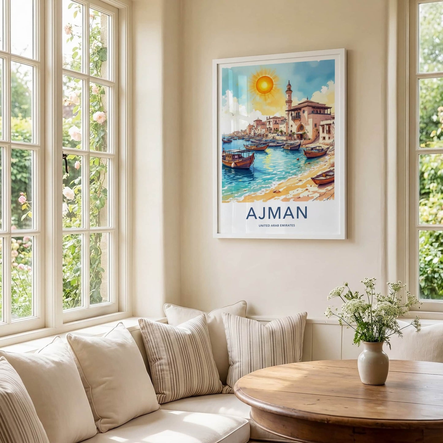 Ajman Poster - United Arab Emirates Travel Art - Boats Docked Harbor Home Decor