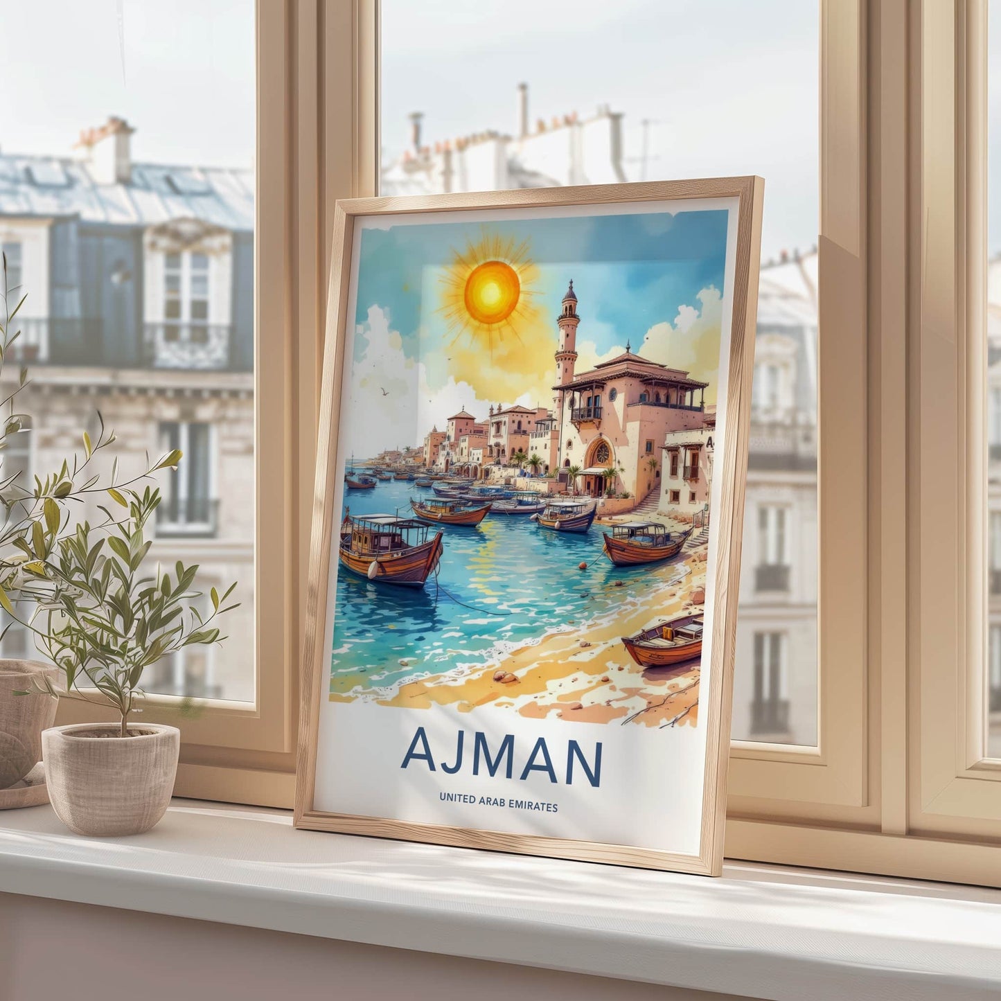 Ajman Poster - United Arab Emirates Travel Art - Boats Docked Harbor Home Decor