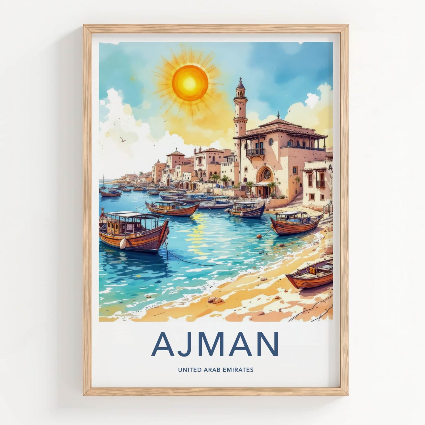 Ajman Poster - United Arab Emirates Travel Art - Boats Docked Harbor Home Decor