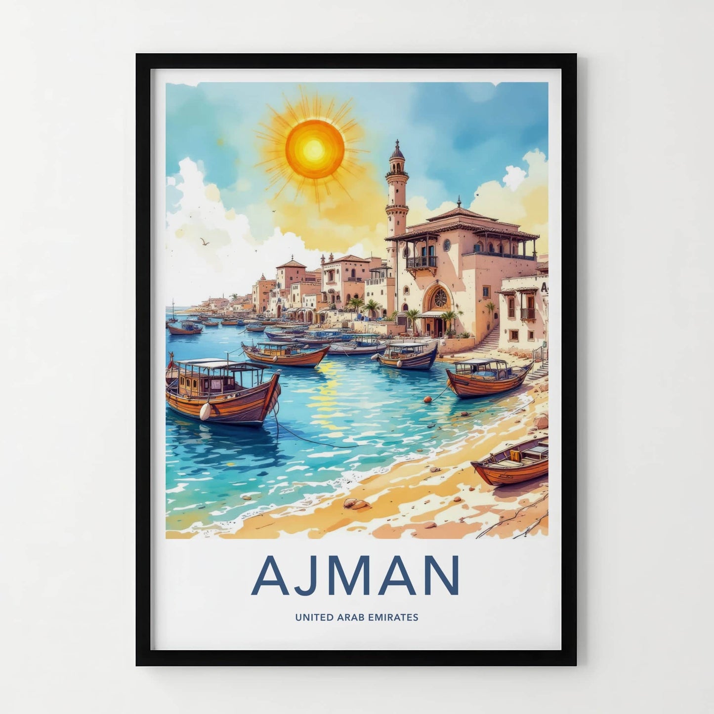 Ajman Poster - United Arab Emirates Travel Art - Boats Docked Harbor Home Decor