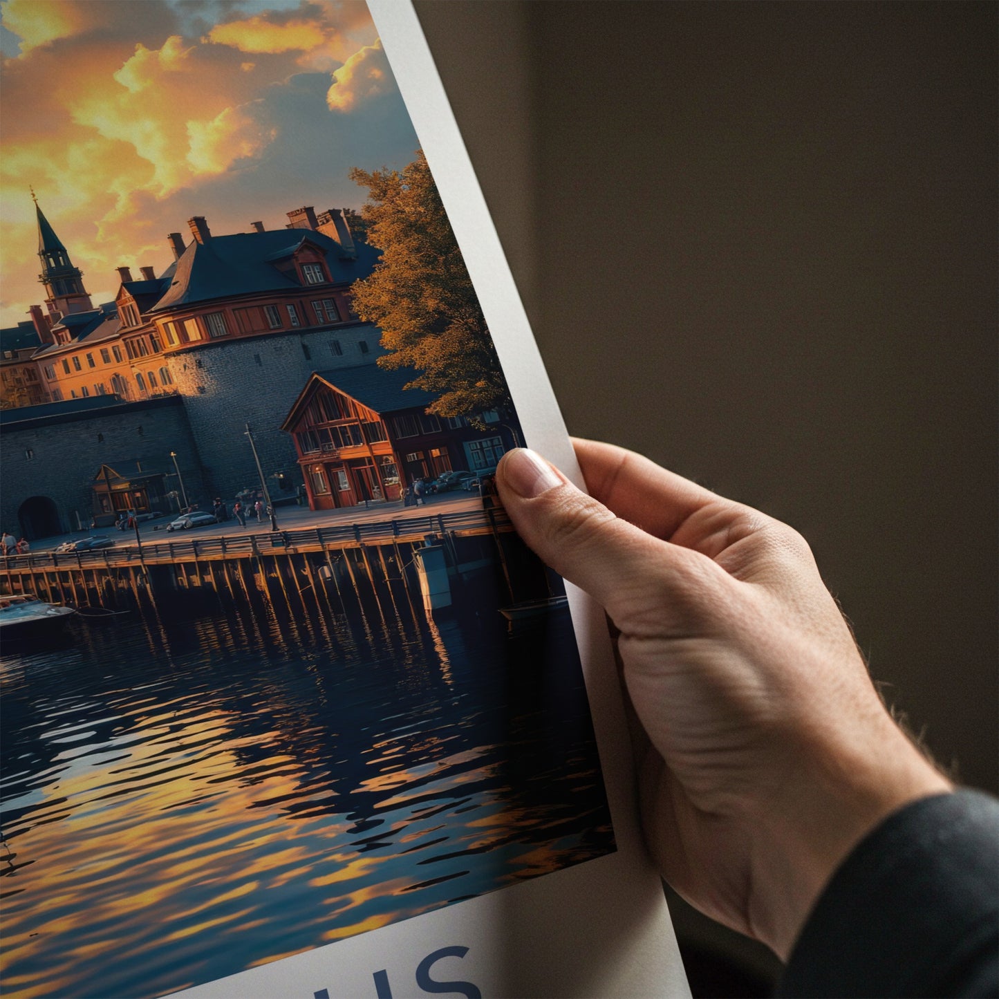 Akershus Poster - Norway Travel Art - Golden Harbor Sunset Home Decor
