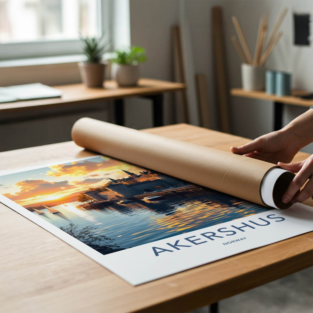 Akershus Poster - Norway Travel Art - Golden Harbor Sunset Home Decor