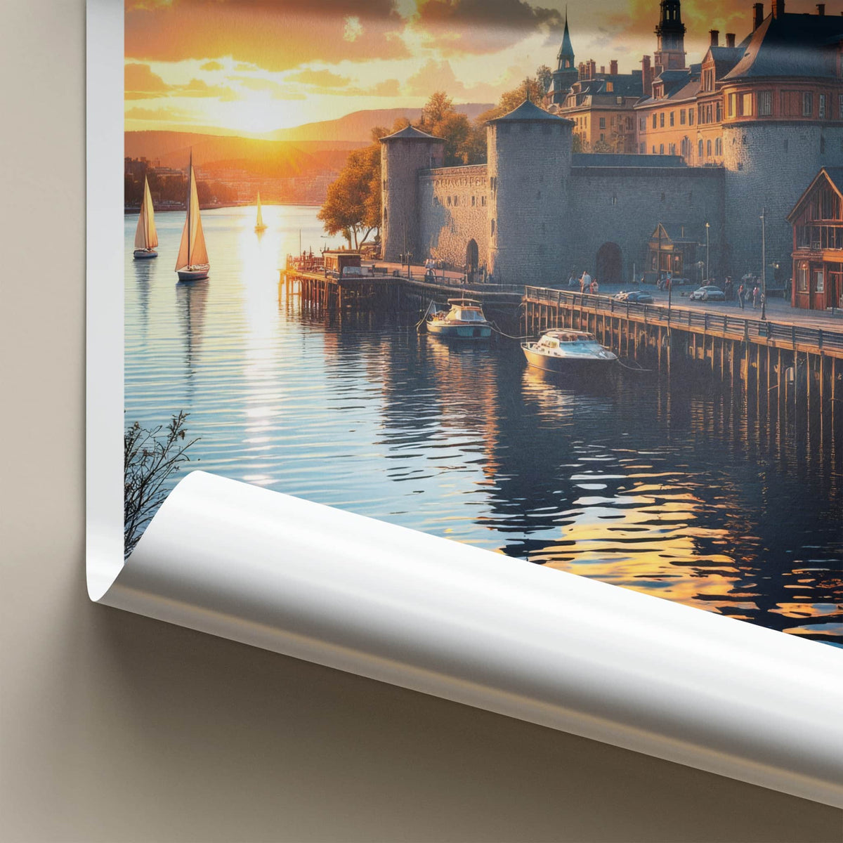 Akershus Poster - Norway Travel Art - Golden Harbor Sunset Home Decor