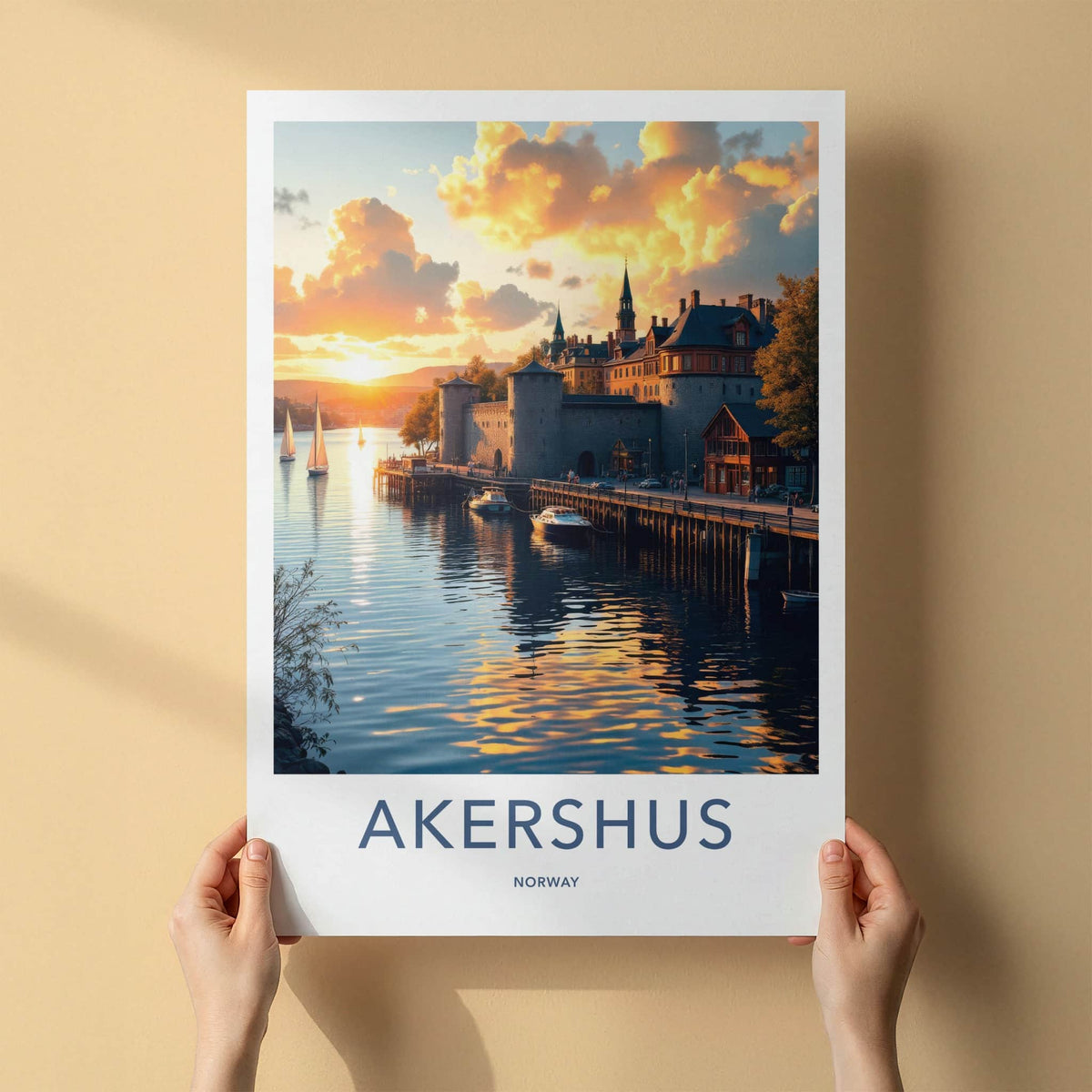 Akershus Poster - Norway Travel Art - Golden Harbor Sunset Home Decor