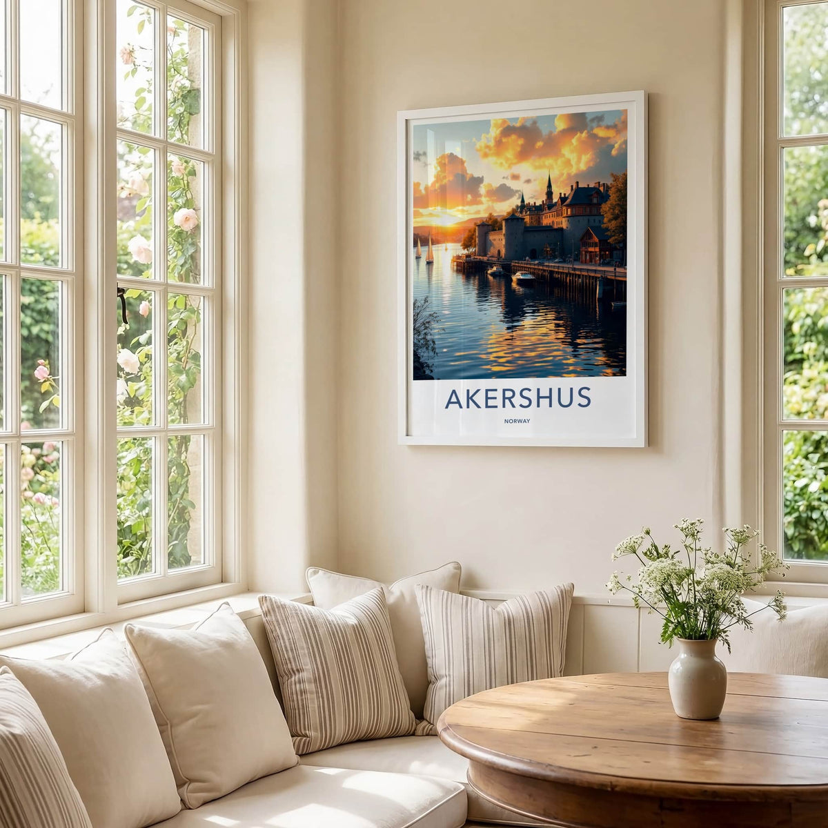 Akershus Poster - Norway Travel Art - Golden Harbor Sunset Home Decor