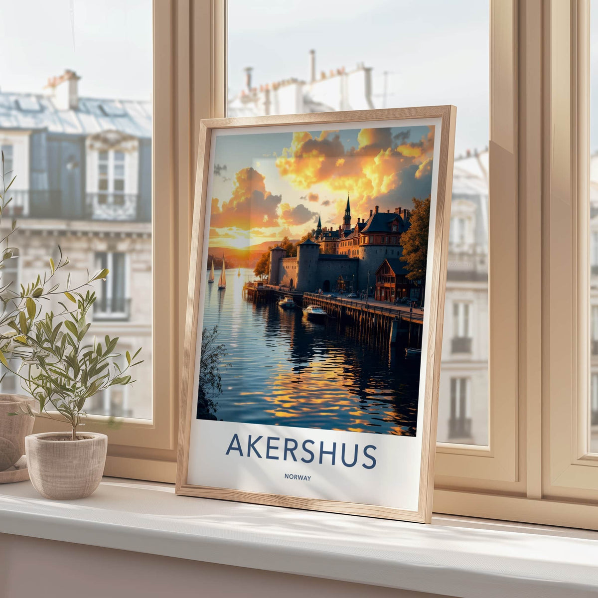 Akershus Poster - Norway Travel Art - Golden Harbor Sunset Home Decor