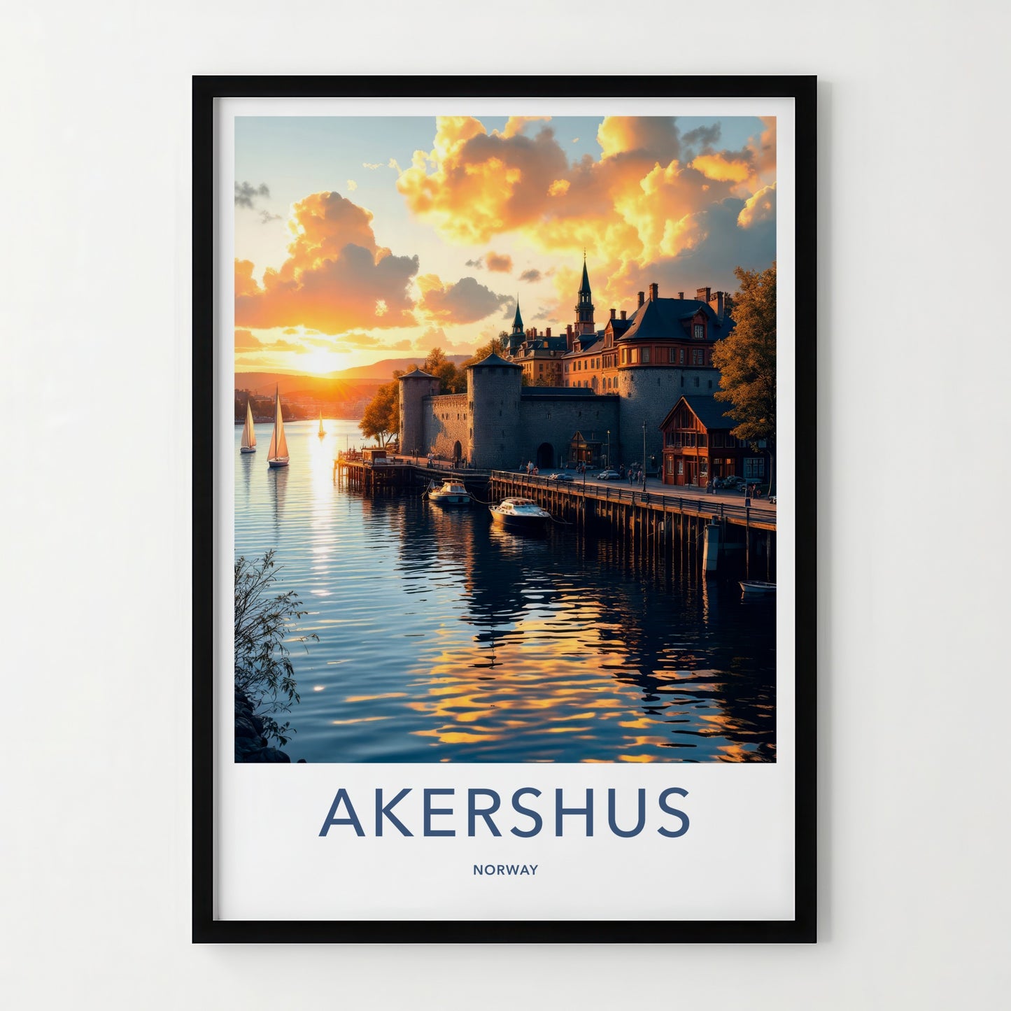 Akershus Poster - Norway Travel Art - Golden Harbor Sunset Home Decor