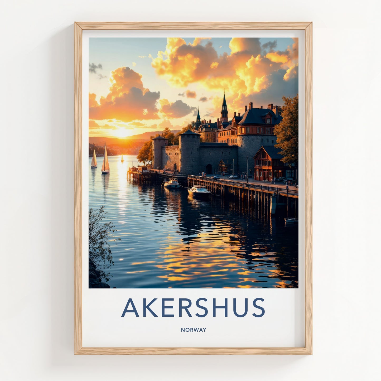 Akershus Poster - Norway Travel Art - Golden Harbor Sunset Home Decor