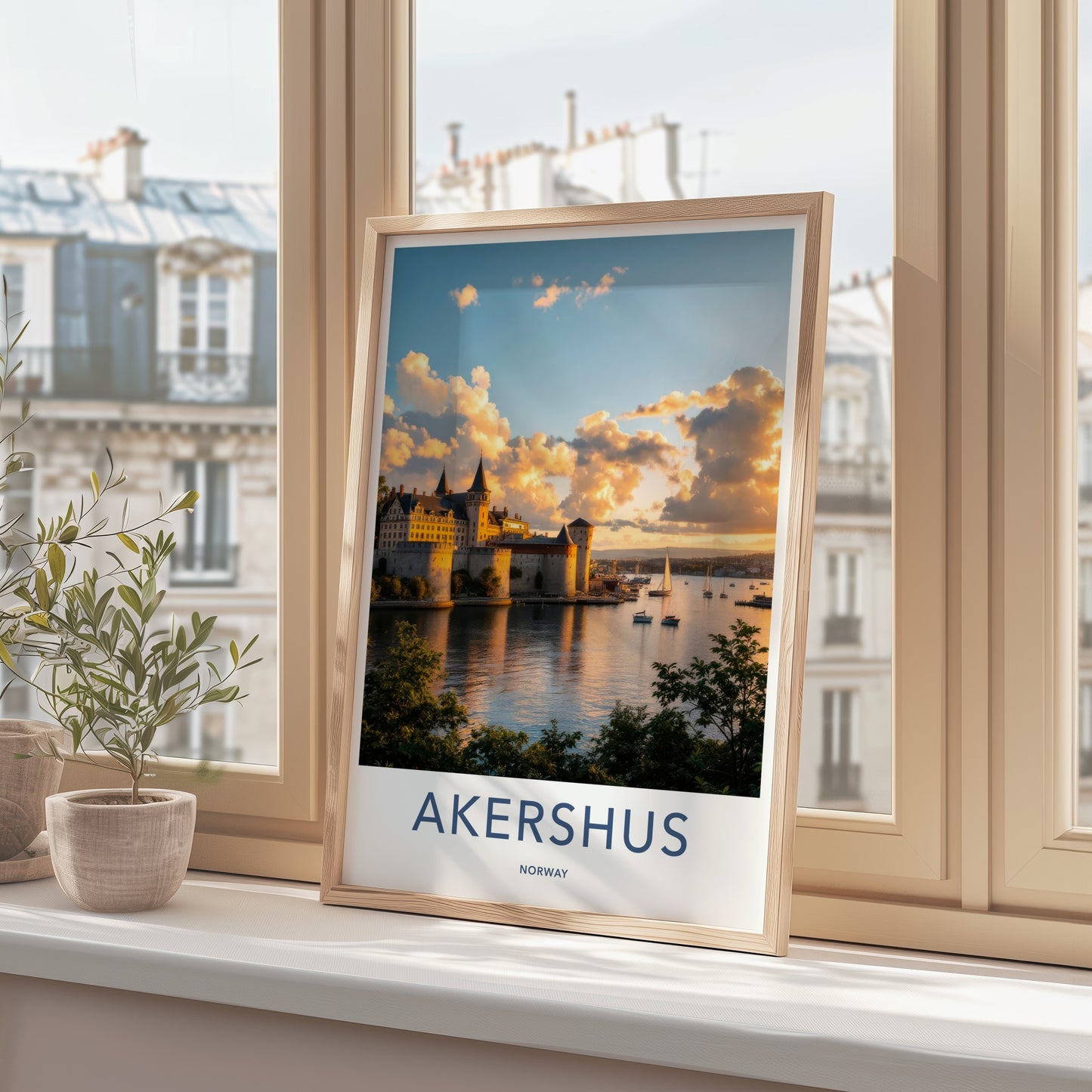 Akershus Poster - Norway Travel Art - Sunset Castle Harbor Home Decor