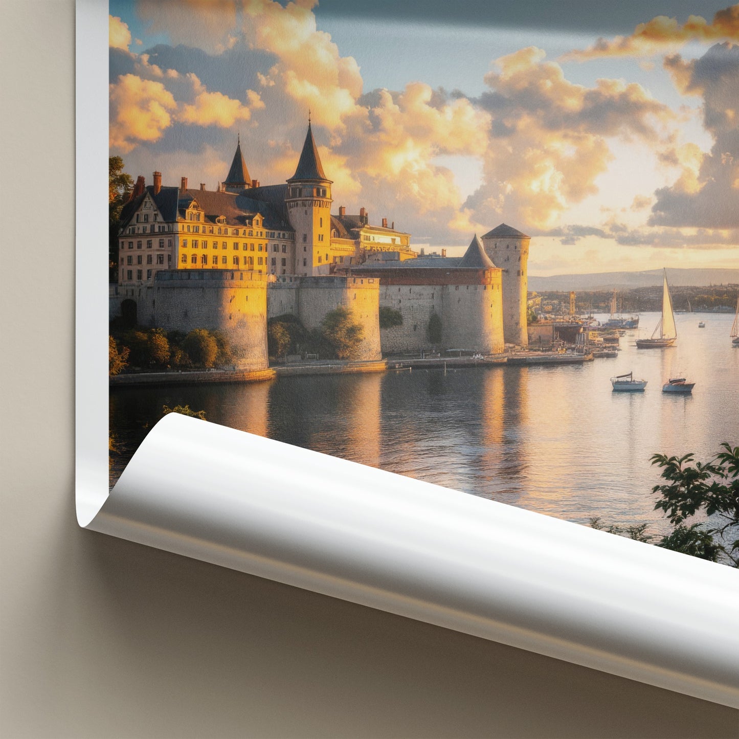 Akershus Poster - Norway Travel Art - Sunset Castle Harbor Home Decor
