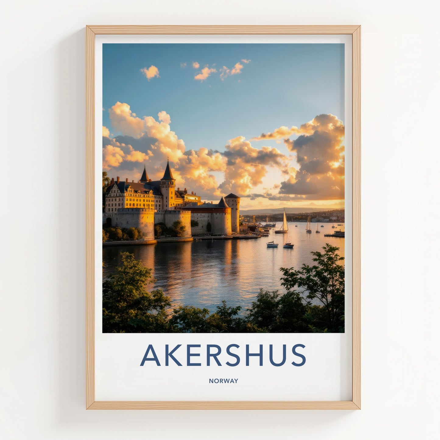 Akershus Poster - Norway Travel Art - Sunset Castle Harbor Home Decor
