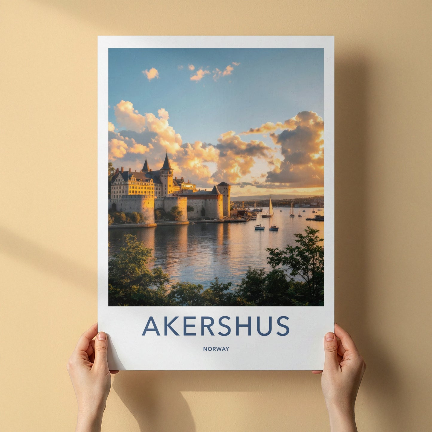 Akershus Poster - Norway Travel Art - Sunset Castle Harbor Home Decor