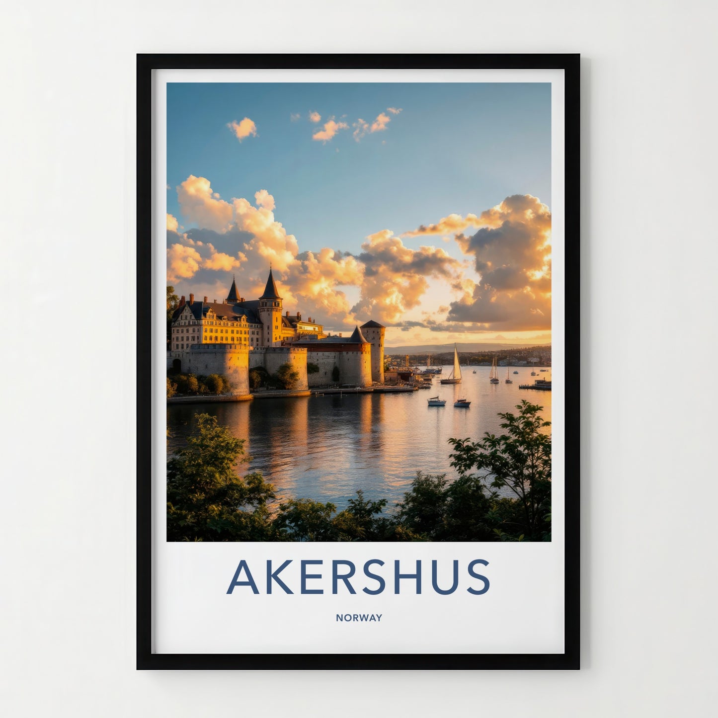 Akershus Poster - Norway Travel Art - Sunset Castle Harbor Home Decor