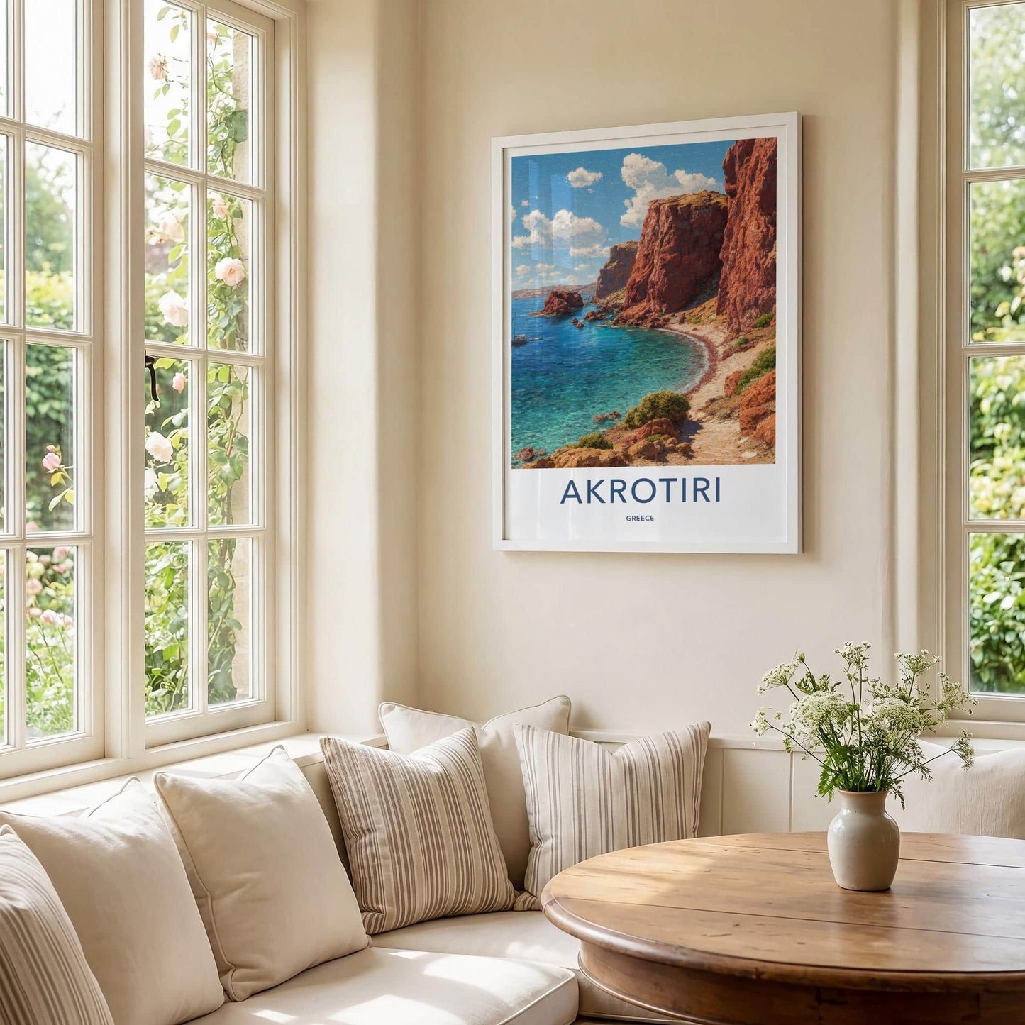Akrotiri Poster - Greece Travel Illustration - Azure Water Cliffs Wall Decor