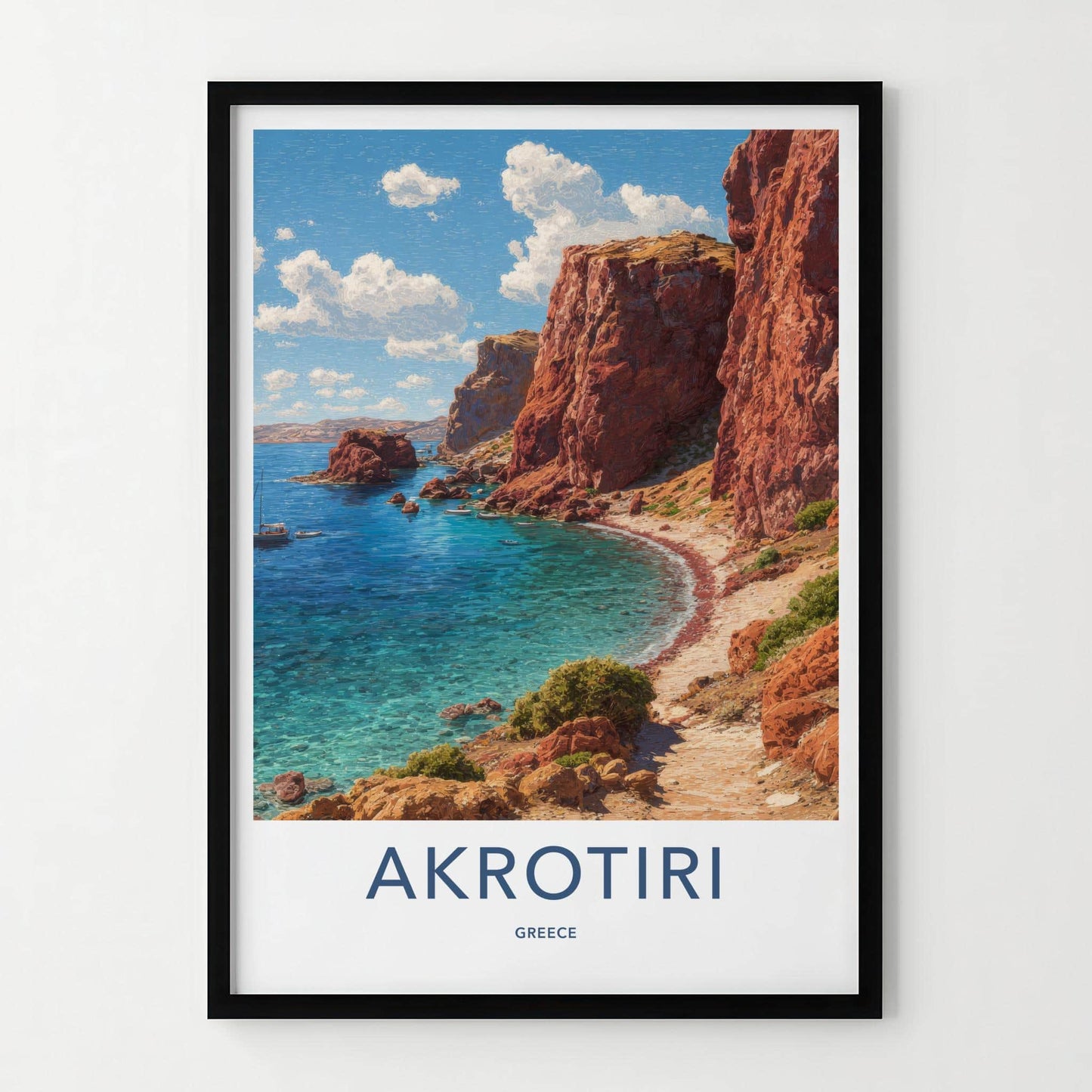 Akrotiri Poster - Greece Travel Illustration - Azure Water Cliffs Wall Decor
