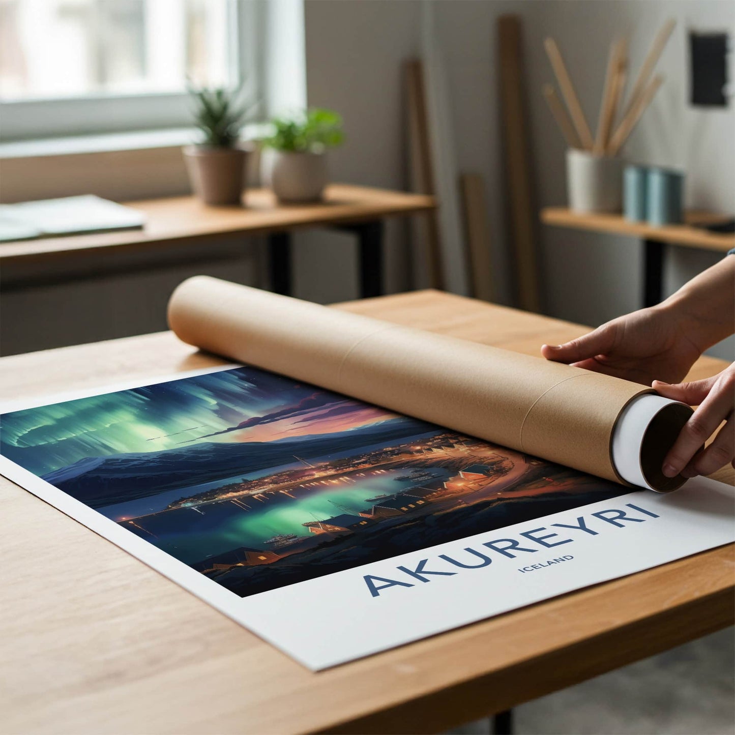 Akureyri Poster - Iceland Art Print - Northern Lights Town Wall Decor