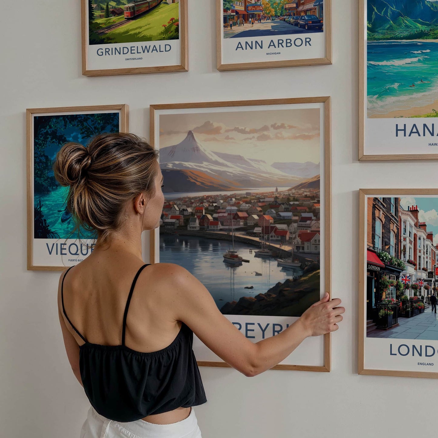 Akureyri Poster - Iceland Travel Art - Coastal Town Mountains Home Decor