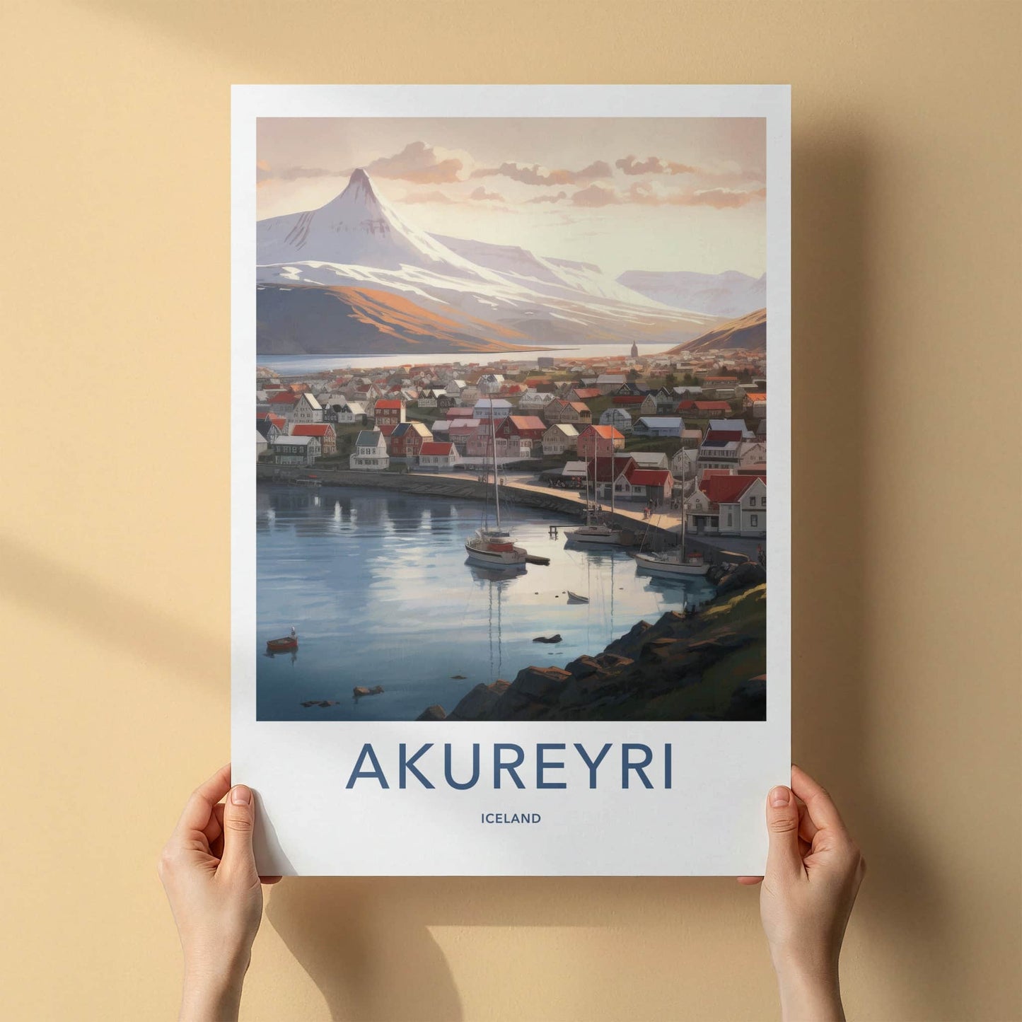 Akureyri Poster - Iceland Travel Art - Coastal Town Mountains Home Decor