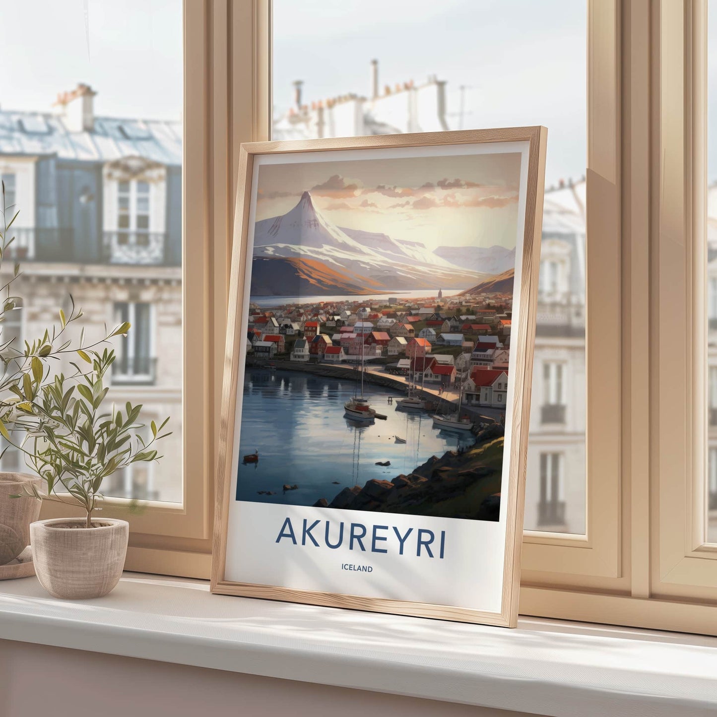 Akureyri Poster - Iceland Travel Art - Coastal Town Mountains Home Decor