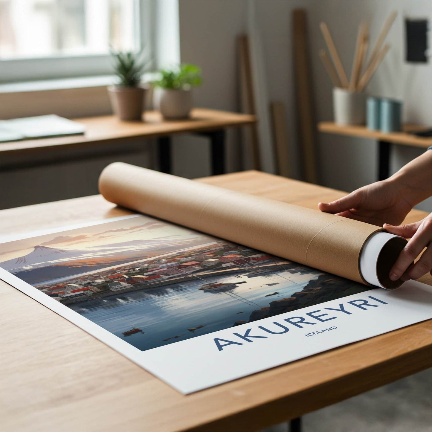 Akureyri Poster - Iceland Travel Art - Coastal Town Mountains Home Decor