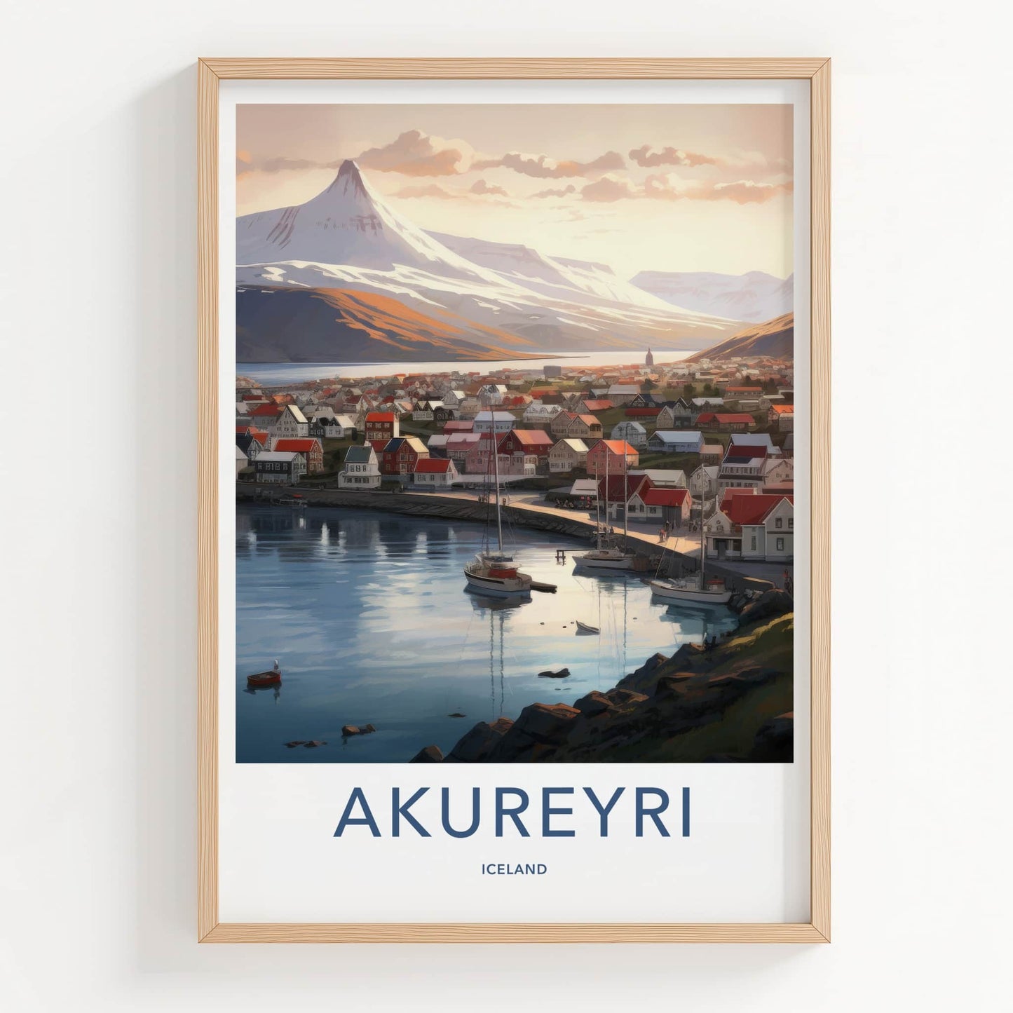Akureyri Poster - Iceland Travel Art - Coastal Town Mountains Home Decor