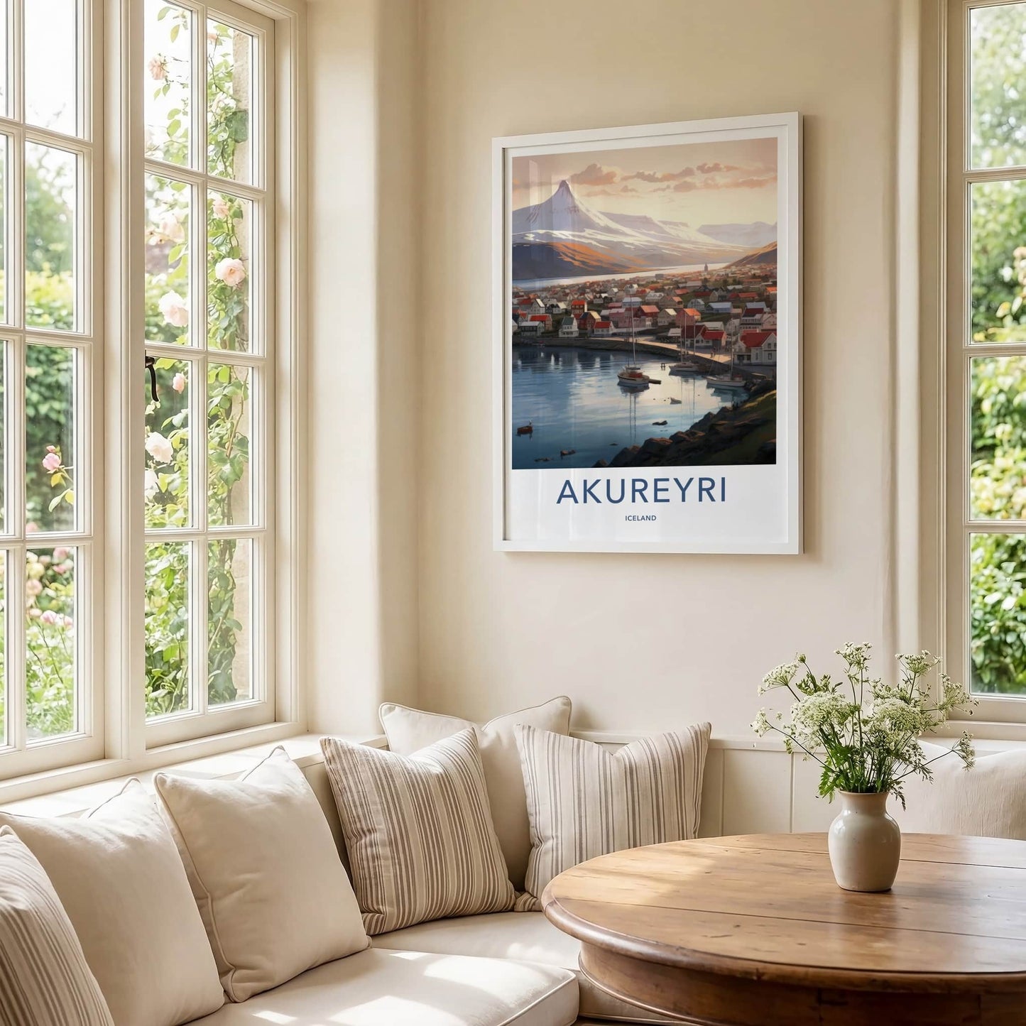 Akureyri Poster - Iceland Travel Art - Coastal Town Mountains Home Decor