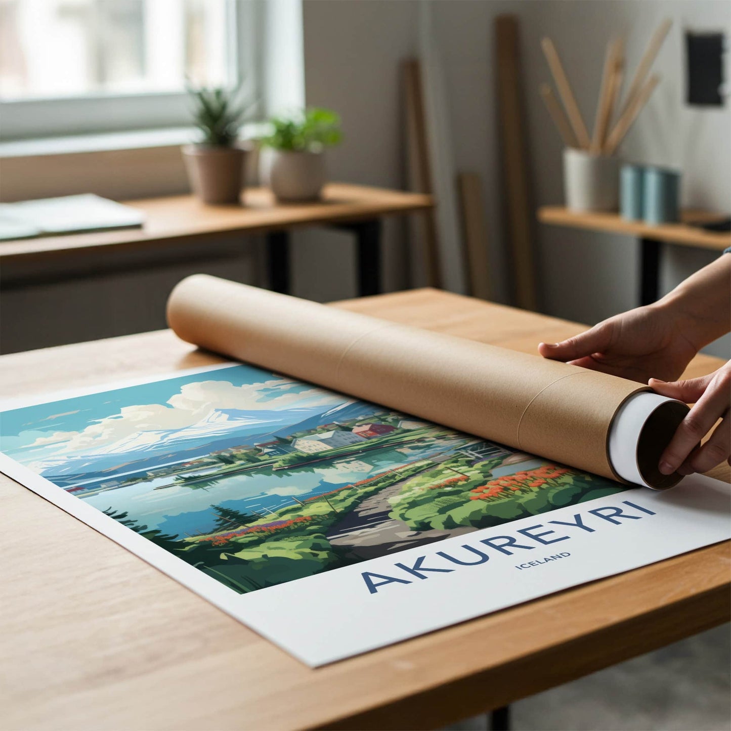 Akureyri Poster - Iceland Travel Art - Fjord Mountain Village Home Decor