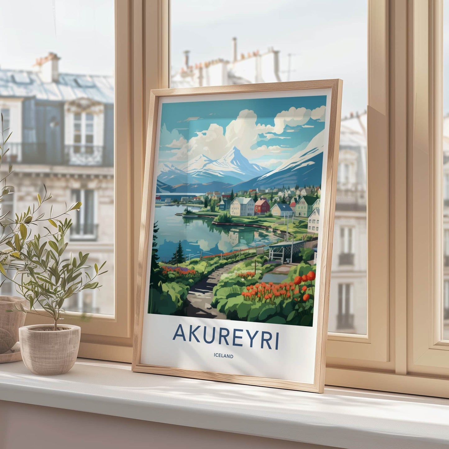 Akureyri Poster - Iceland Travel Art - Fjord Mountain Village Home Decor
