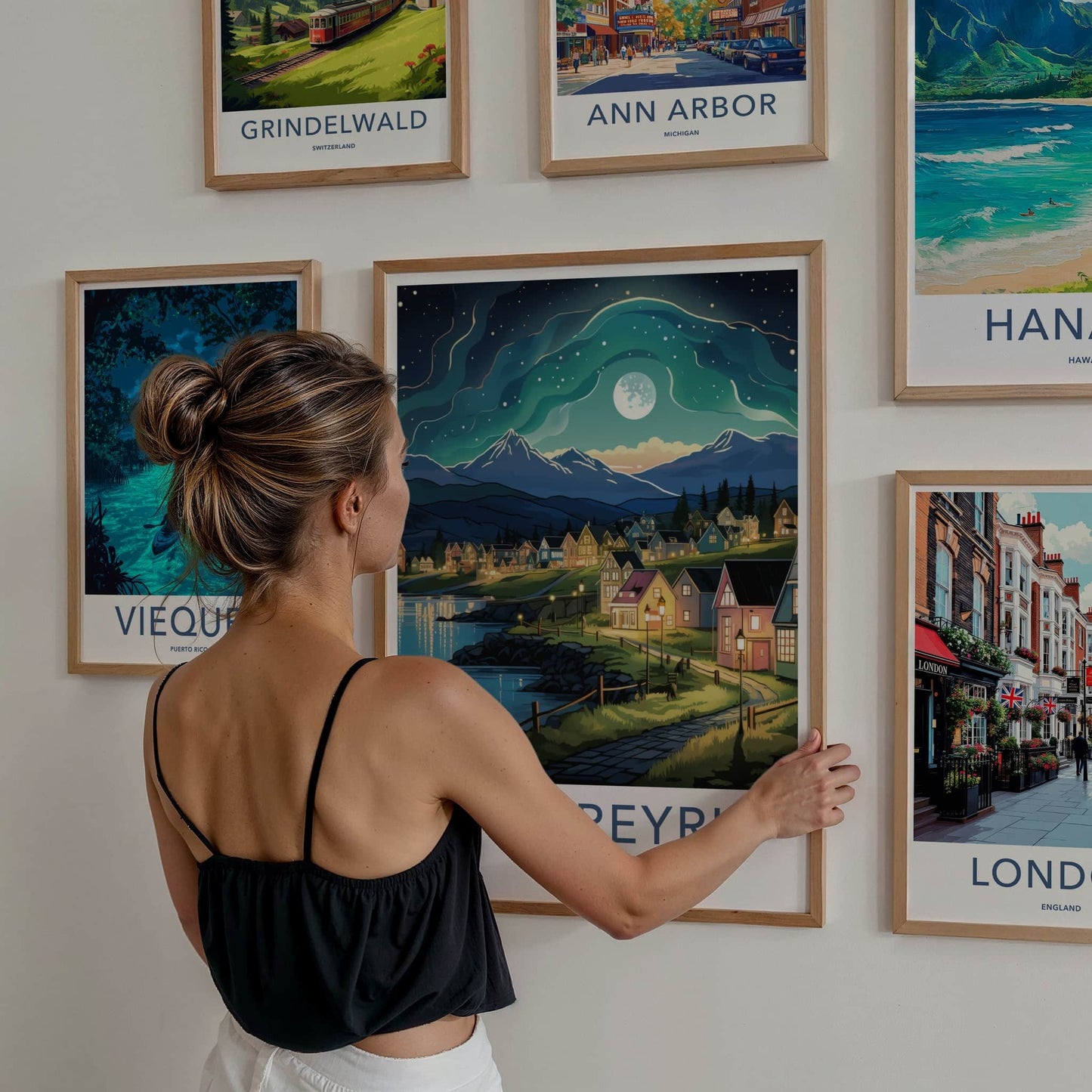 Akureyri Poster - Iceland Travel Art - Moonlit Village Fjord Home Decor