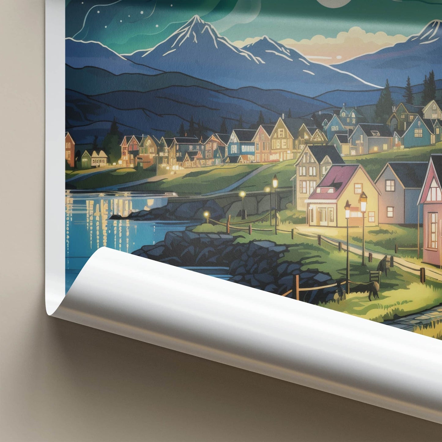 Akureyri Poster - Iceland Travel Art - Moonlit Village Fjord Home Decor