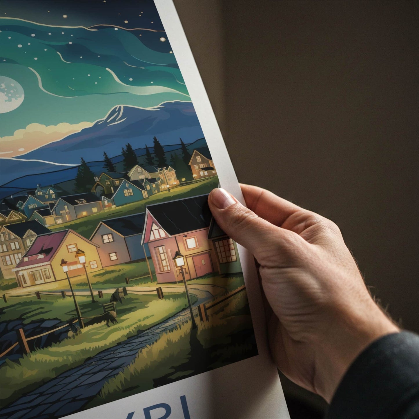 Akureyri Poster - Iceland Travel Art - Moonlit Village Fjord Home Decor