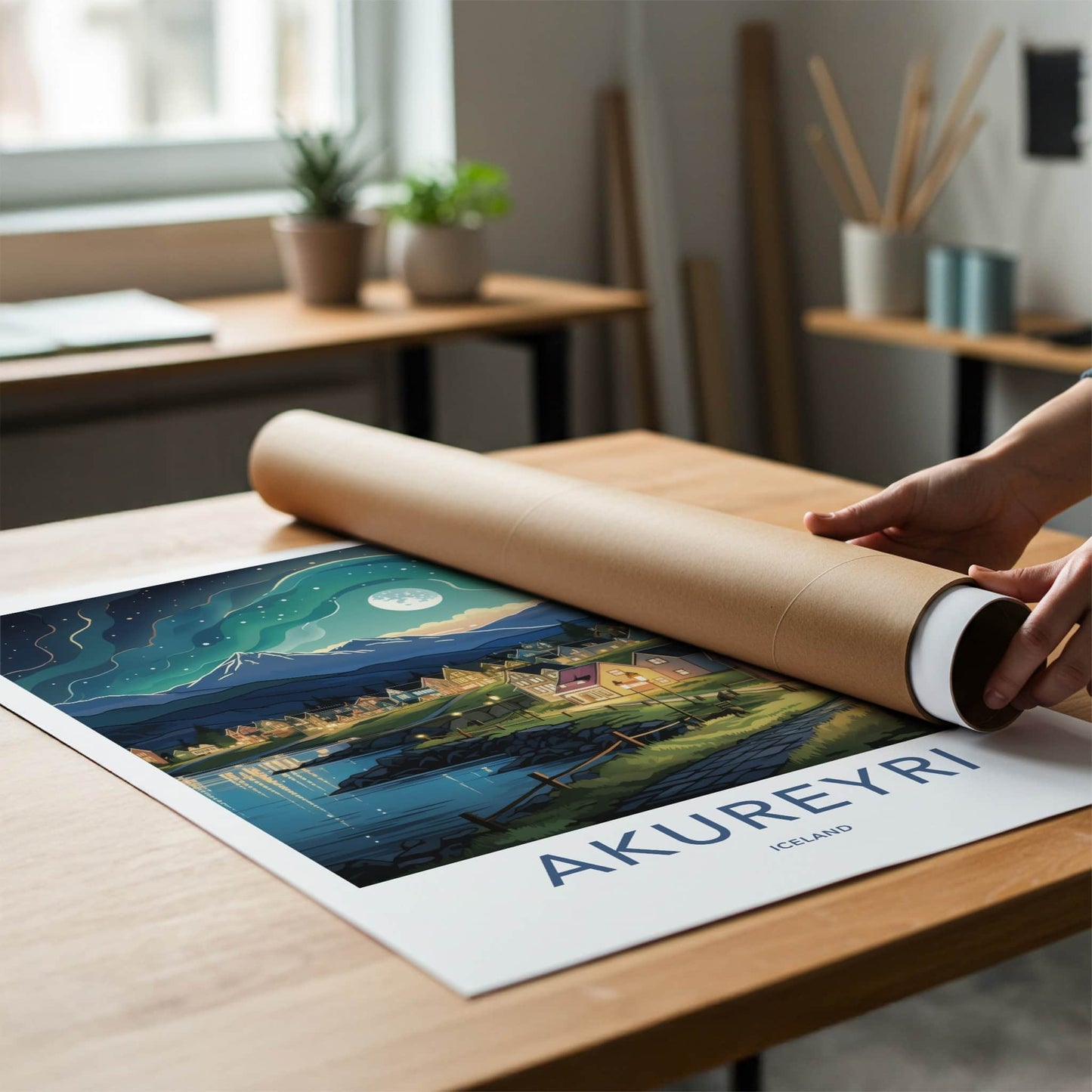 Akureyri Poster - Iceland Travel Art - Moonlit Village Fjord Home Decor