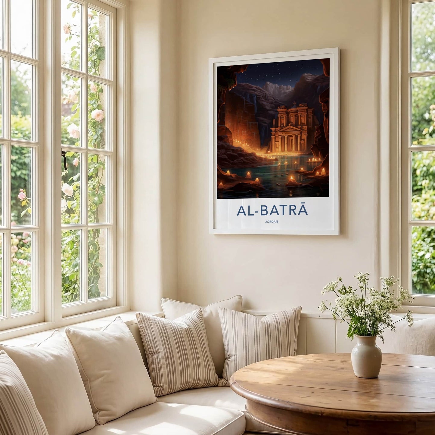 Al Batra Poster - Jordan Travel Art - Illuminated Temple Cave Home Decor