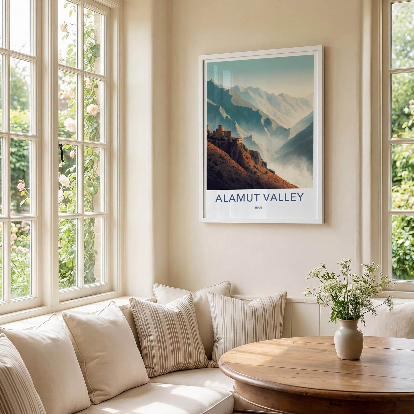 Alamut Valley Poster - Iran Travel Illustration - Cliffside fortress peaks Wall Decor