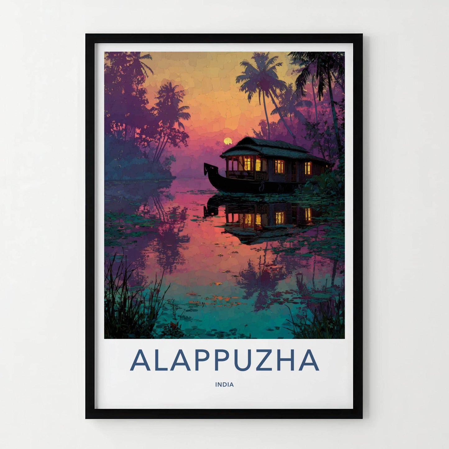 Alappuzha Poster - India Travel Art - Kerala Houseboat Twilight Glow Home Decor