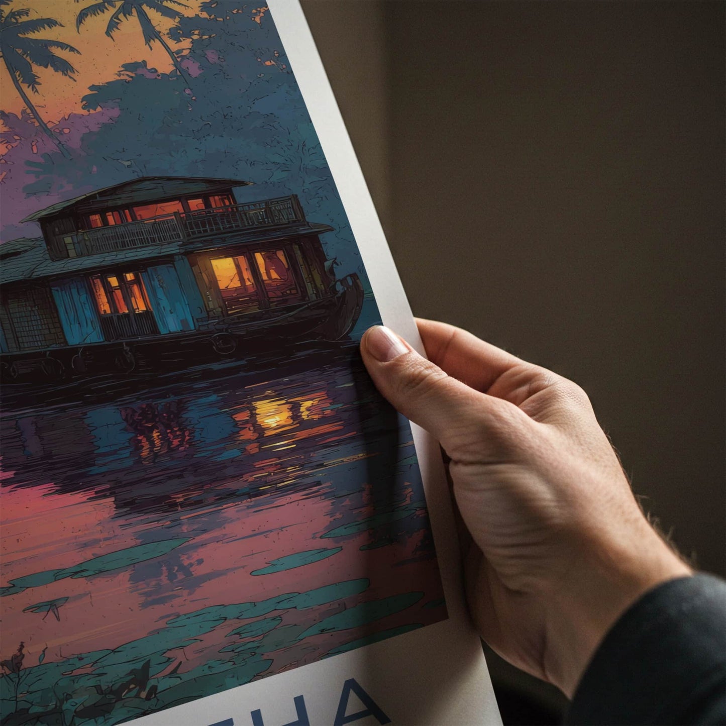 Alappuzha Poster - India Travel Art - Sunset Houseboat Kerala Home Decor