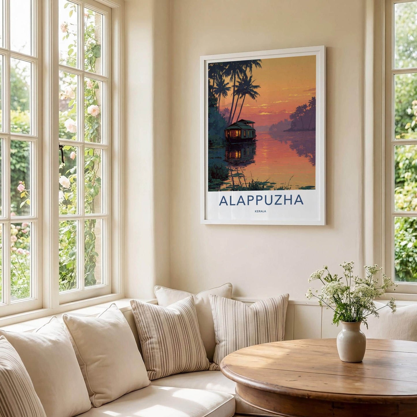 Alappuzha Poster - India Travel Illustration - Backwater Sunset Houseboat Home Decor