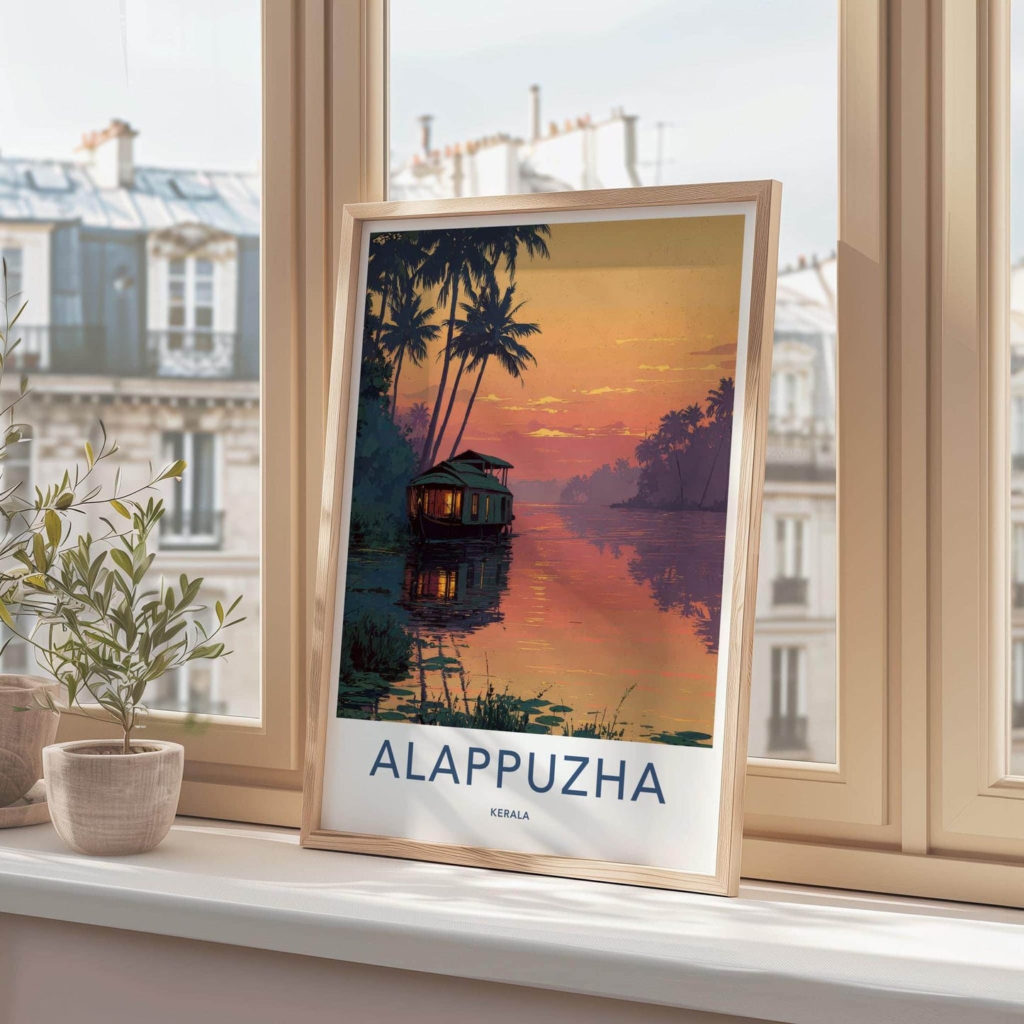 Alappuzha Poster - India Travel Illustration - Backwater Sunset Houseboat Home Decor