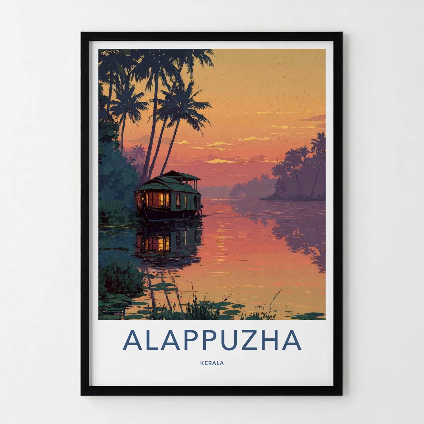 Alappuzha Poster - India Travel Illustration - Backwater Sunset Houseboat Home Decor