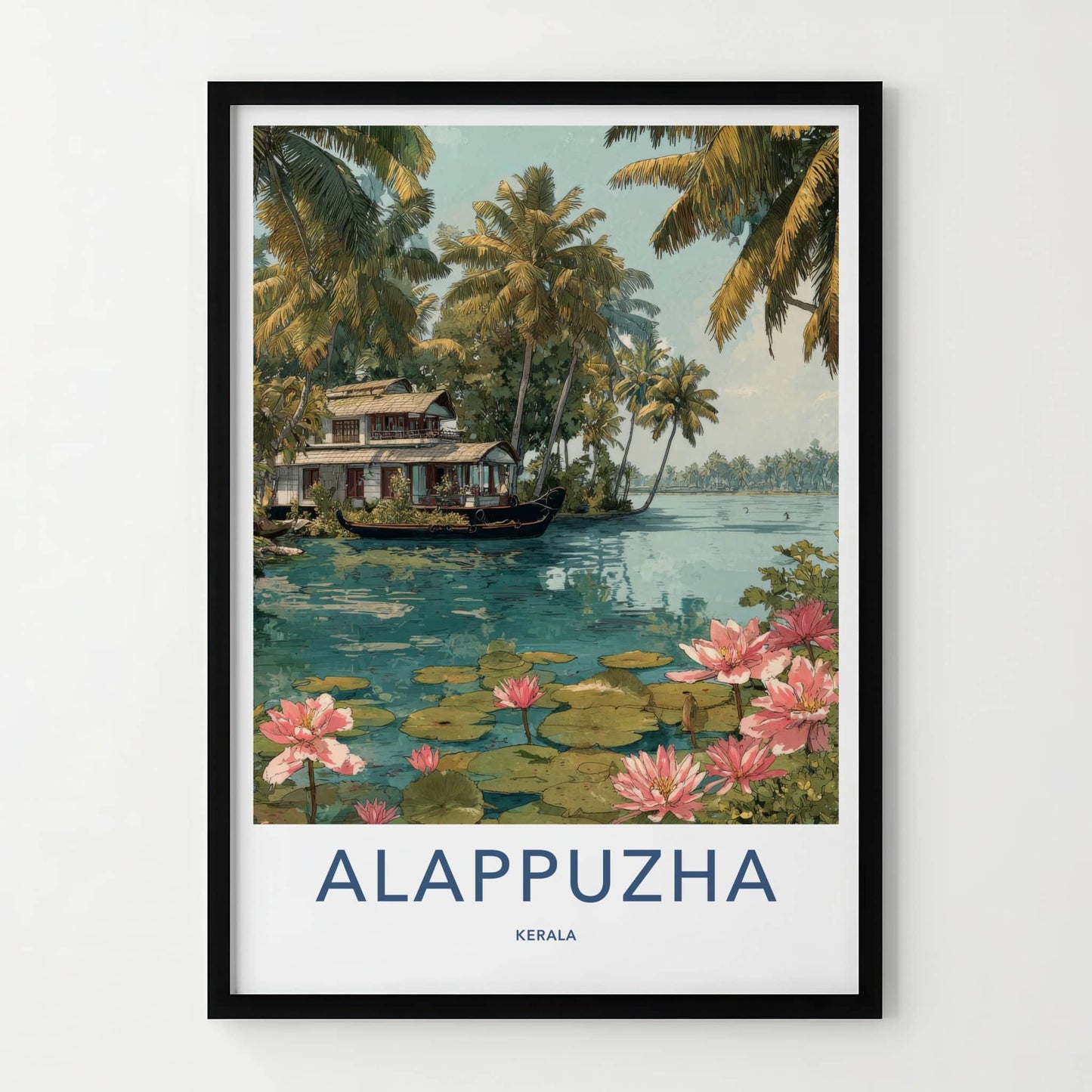 Alappuzha Poster - India Travel Print - Houseboat Pink Lilies Home Decor