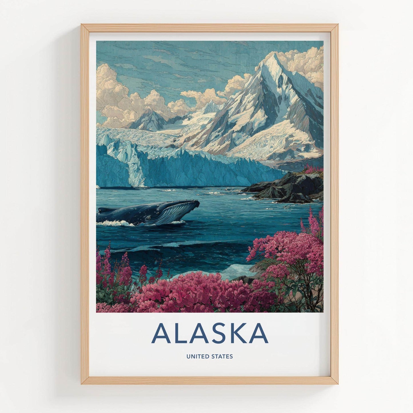 Alaska Poster - Alaska Travel Art - Glacier whale fireweed Wall Decor