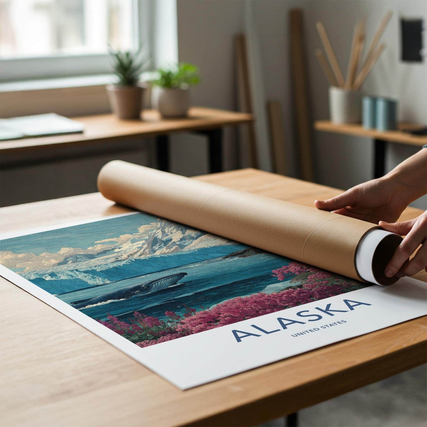 Alaska Poster - Alaska Travel Art - Glacier whale fireweed Wall Decor