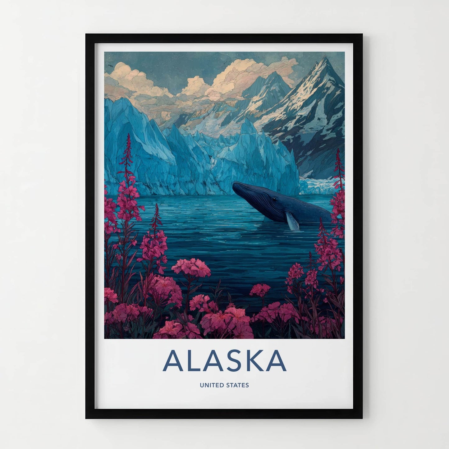 Alaska Poster - Alaska Wall Art - Pink Flowers Whale Home Decor